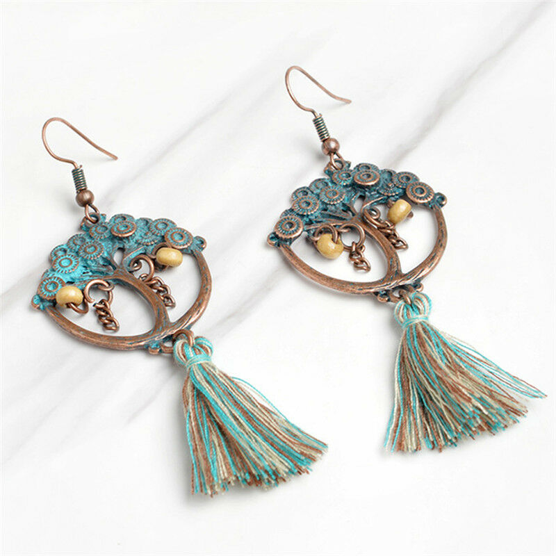 Bohemian  Tree of Life Long Tassel Earrings Fringe Drop Dangle Earrings  .l8