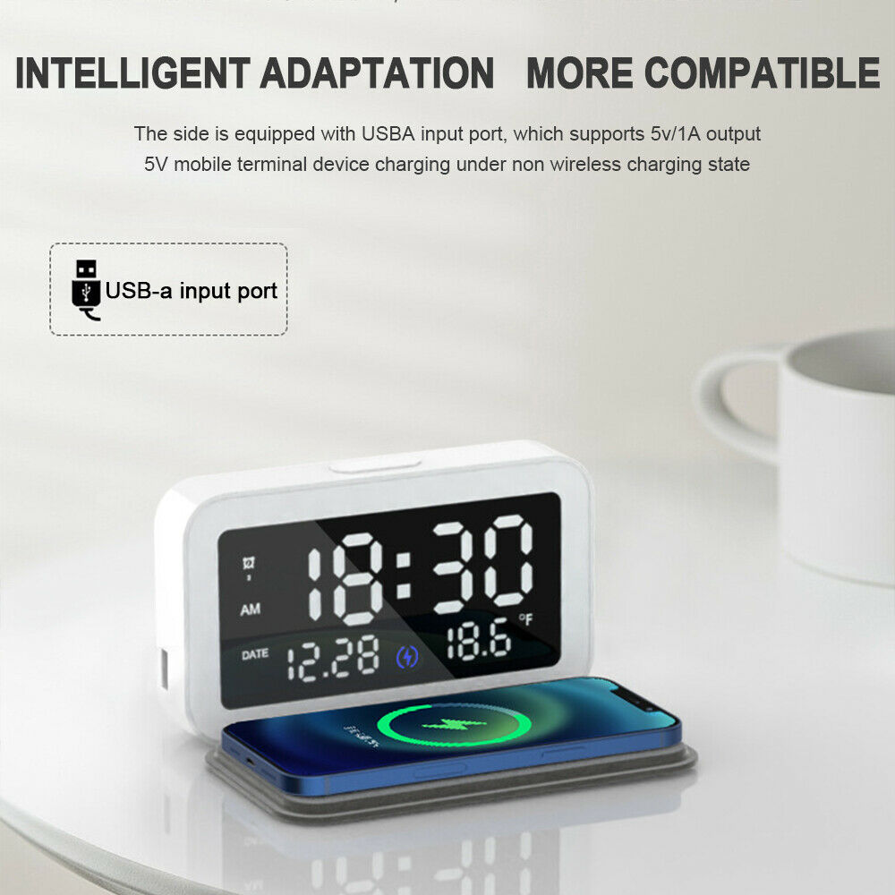 Digital LED Electric Alarm Clock With Phone Wireless Charger Thermometer Table