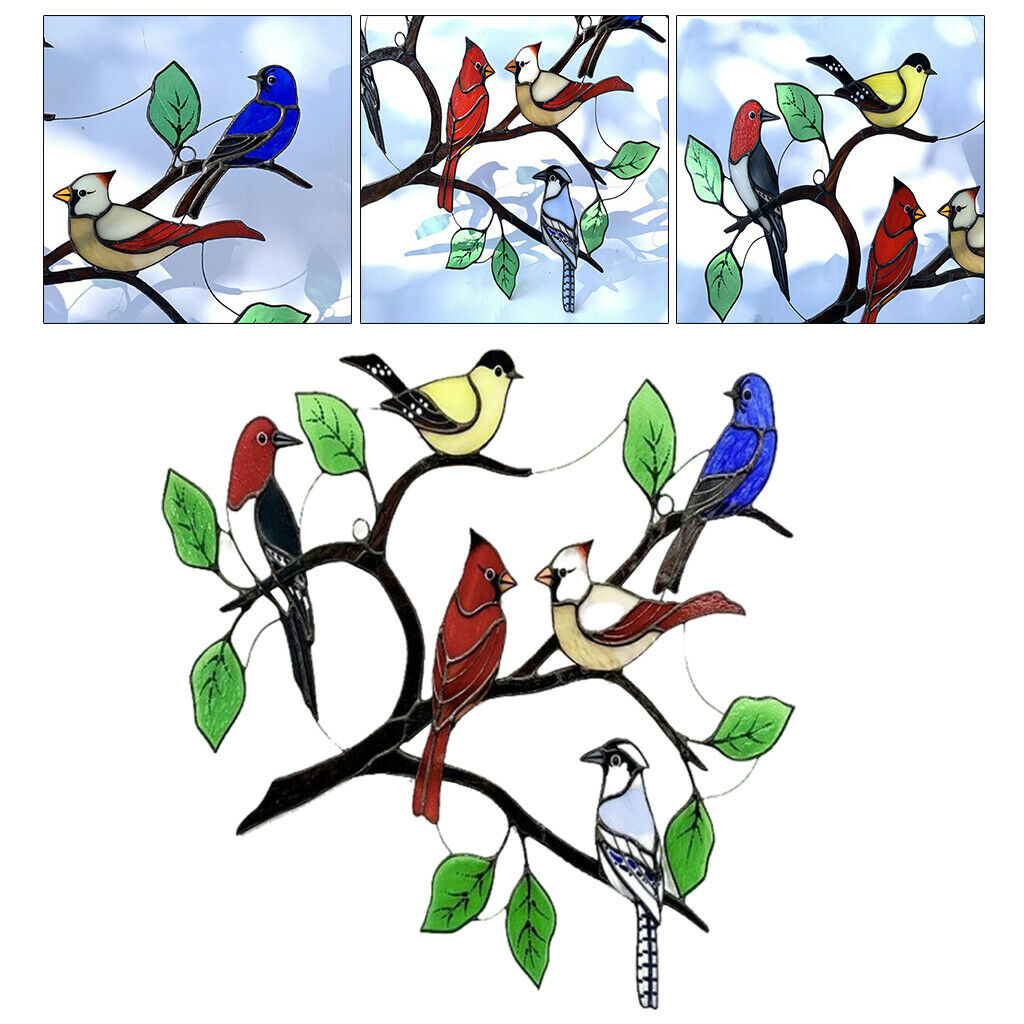 Lovely Stained Glass Birds-On-Branch Window Panel Hanging Suncatcher decor