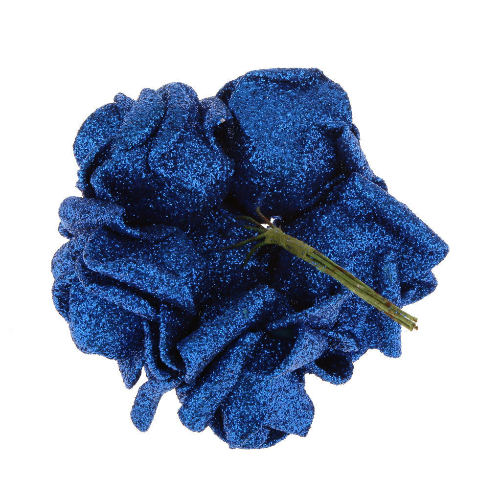 Pack of 12pcs Foam Roses Glitter Powder Flower Bouquet Wedding Decor Blue