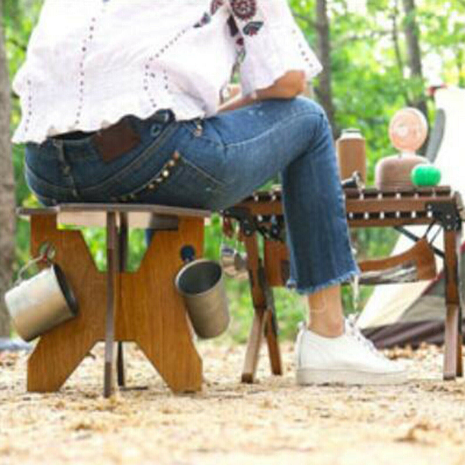 Camping Water Bucket Stand Wooden Bottles Holder BBQ Grill Folding Stool