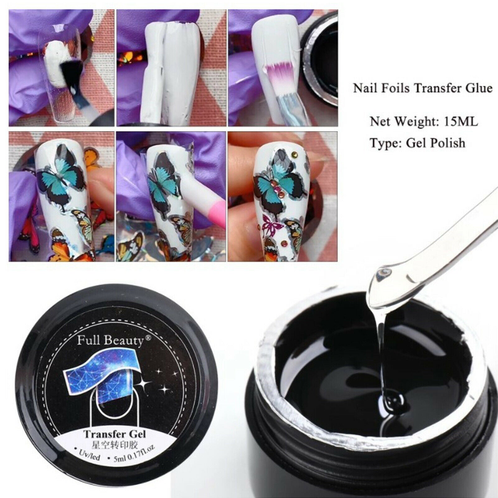 Nail Foil Transfer Gel Set UV Nail Art Glue Gel Pen Wood Sticks DIY Kit