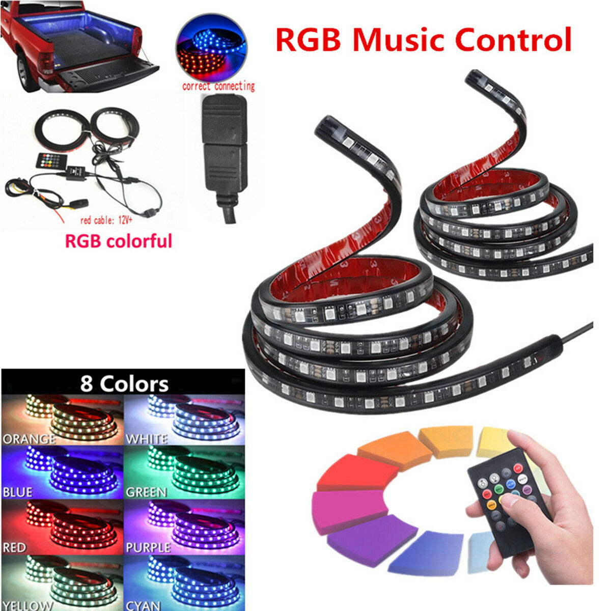 2pc 12V 60" RGB LED Car Truck Bed Light Roof Light Tailgate Strip Neon Glow Lamp
