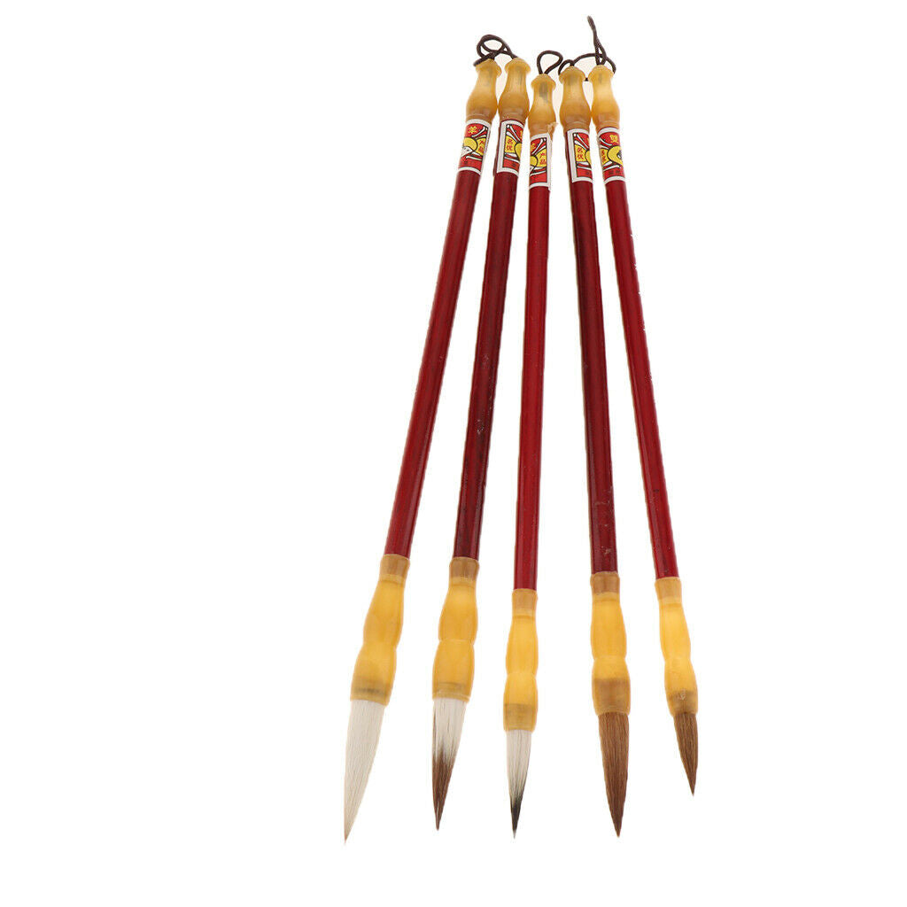 5pcs Chinese Calligraphy Kanji Japanese Drawing Wolf Hair Brushes Wood Shaft