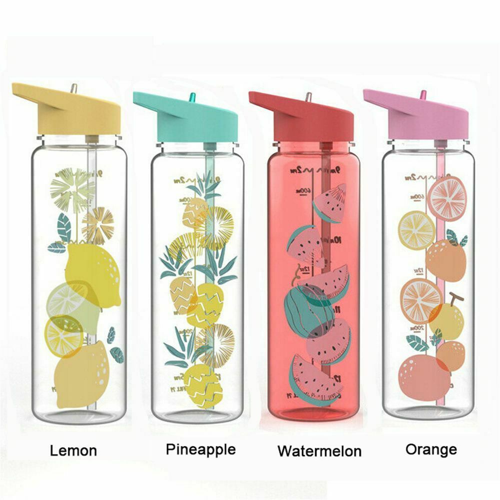 Gym BPA Free Leakproof Plastic Straw Fruit Pattern Sports Water Bottle Cup