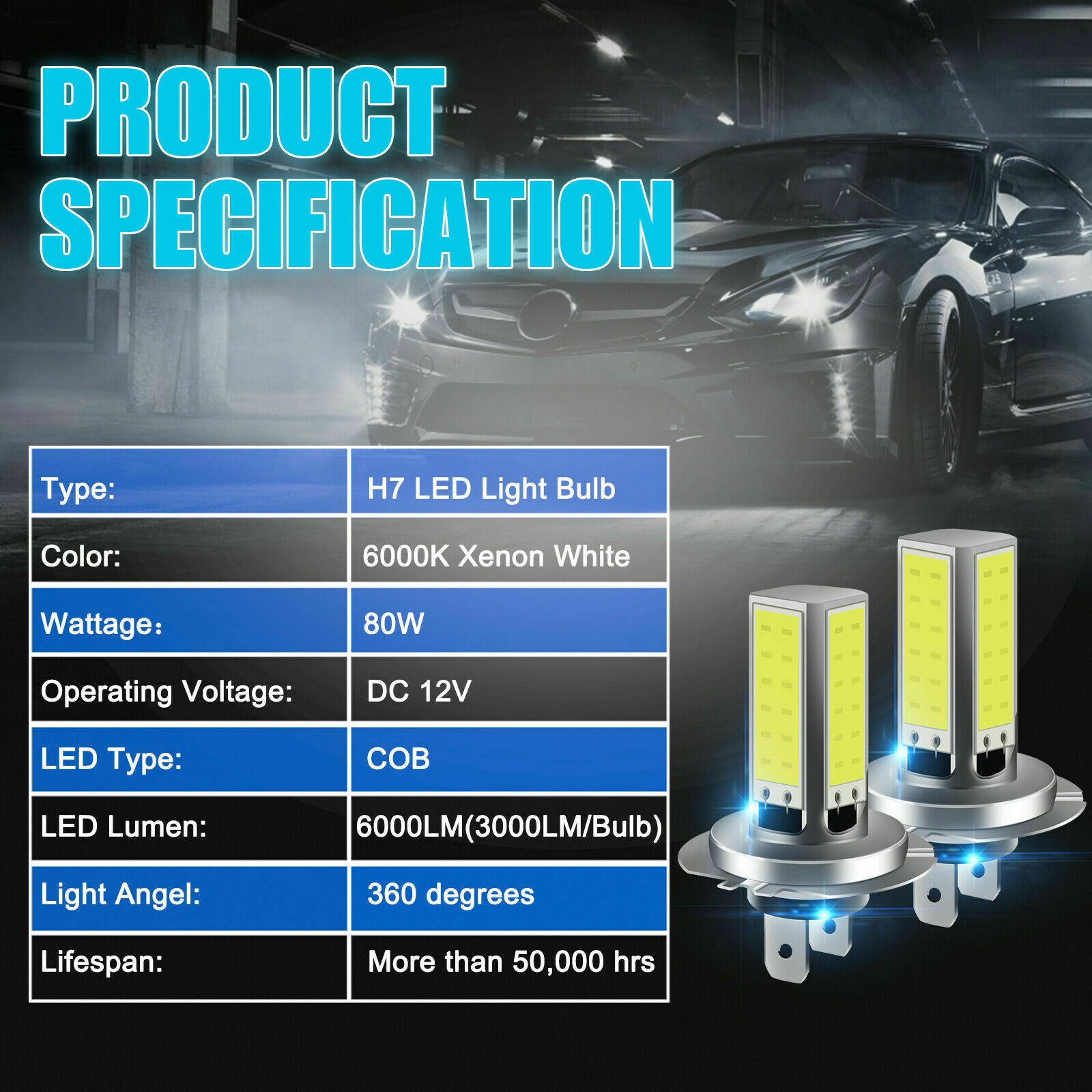 2x H7 COB LED Headlight Bulbs Kit High Low Beam 6000LM Super Bright 6000K White