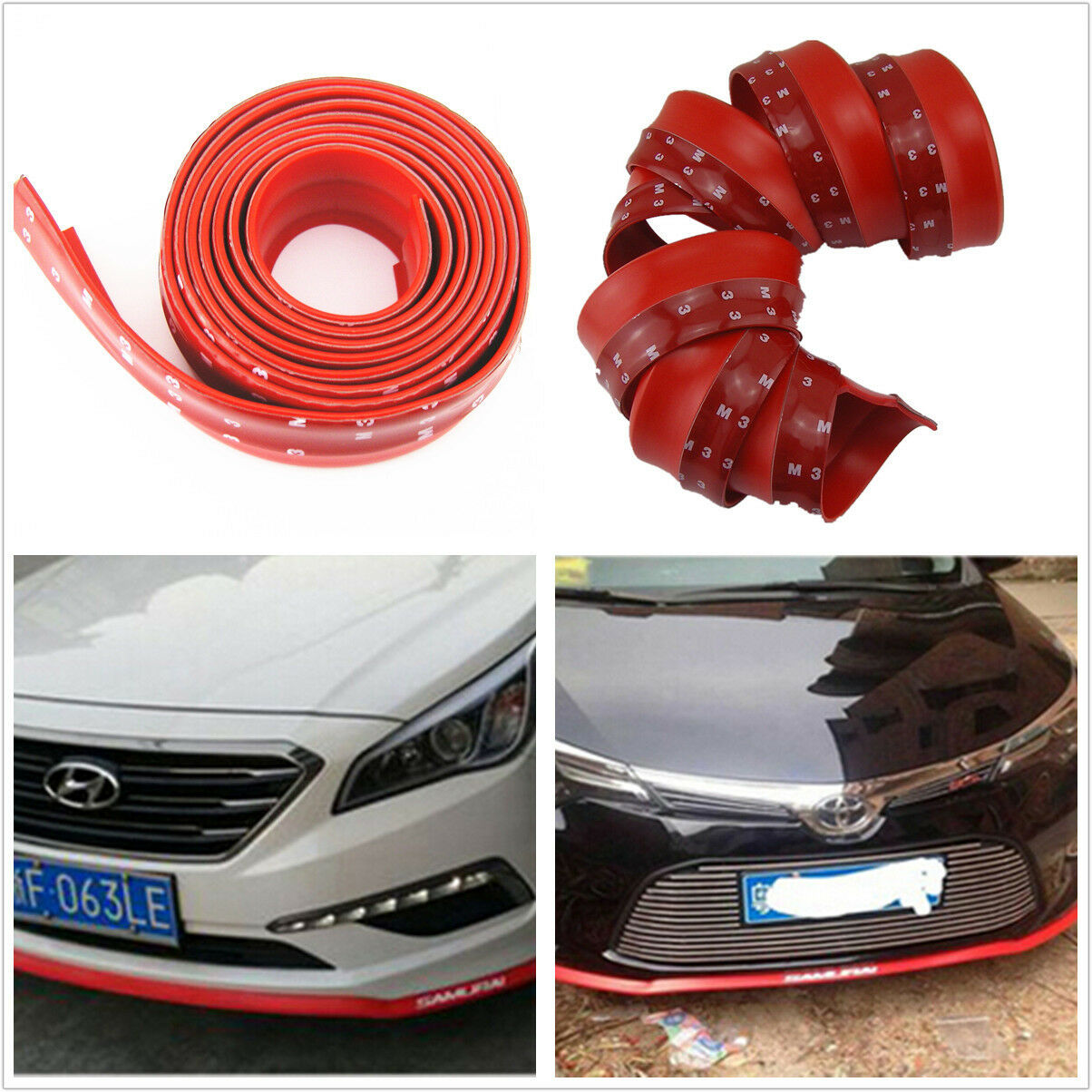 2.5M Red Rubber Car Front Bumper Spoiler Lip Splitter Valance Chin Protector Kit