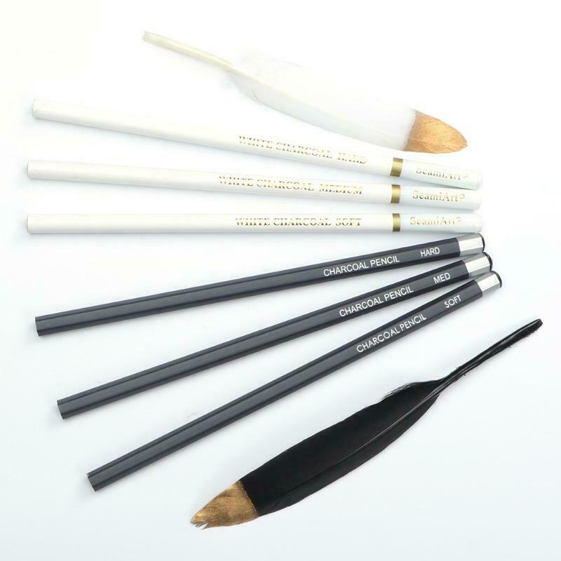 6 Pcs Professional Charcoal Pencils Set 3Pcs White 3Pcs Black Soft/Medium/Hard
