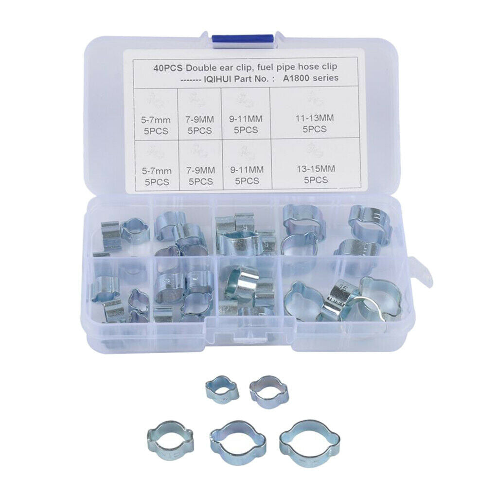 80x Hose Clamps Double Ears O Clips Fuel Hose Pipe Clips Fasteners 5 Sizes