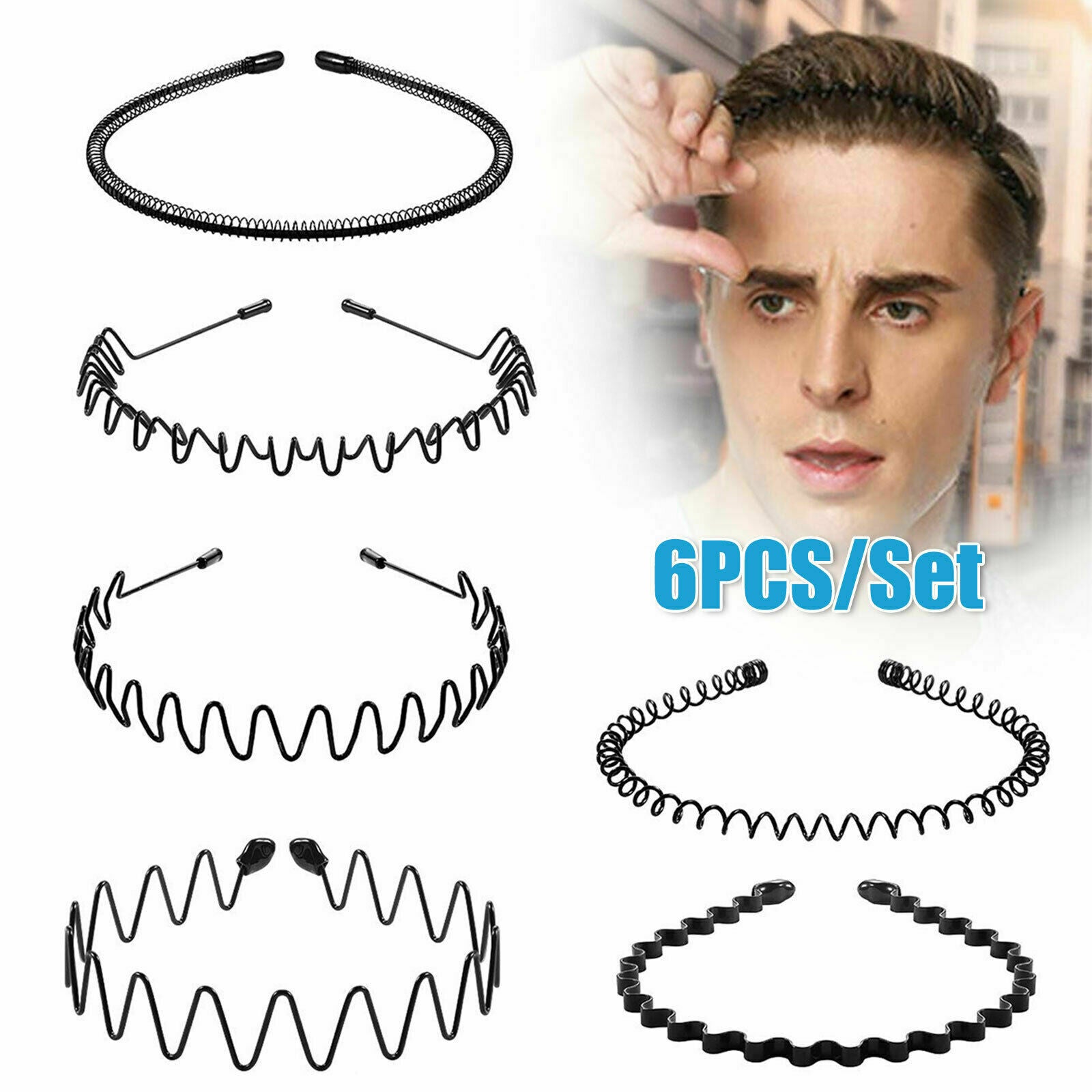 6PCS Metal Hair Headband Wave Style Hoop Band Comb Sport Hairband for Men Women