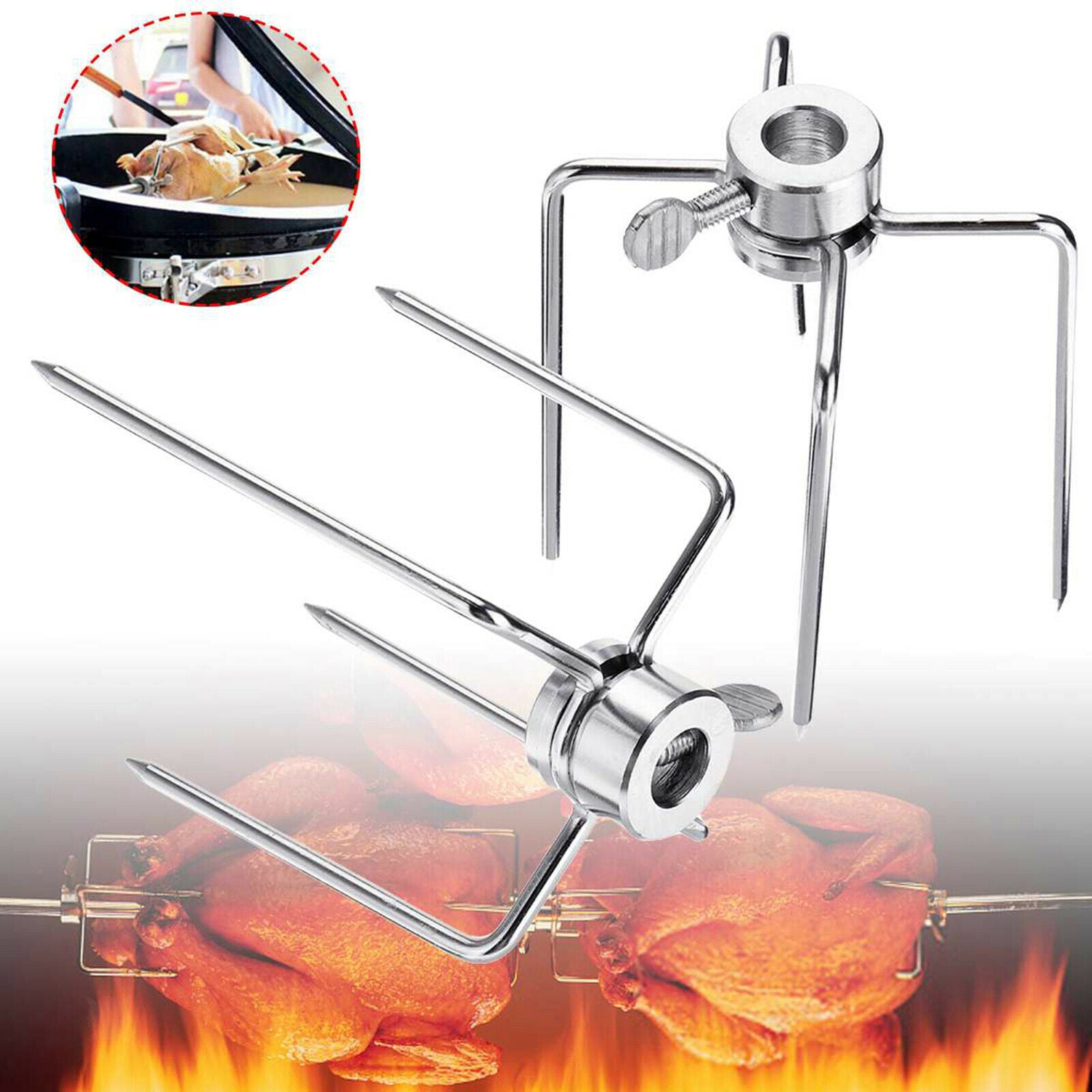 2x Rotisserie BBQ Spit Fork Chicken Beef Charcoal Grill Barbecue Accessories