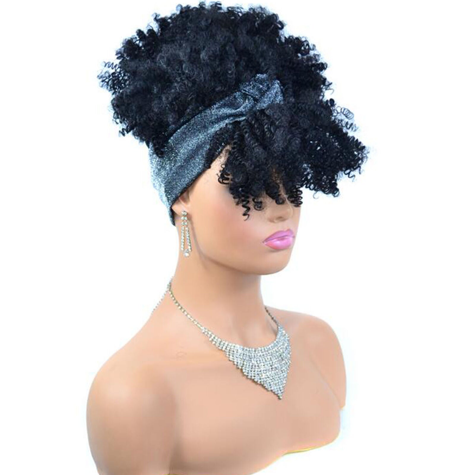 Black Short Afro Kinky Curly Wigs With Bangs Headband Wrap Wig For Black Women