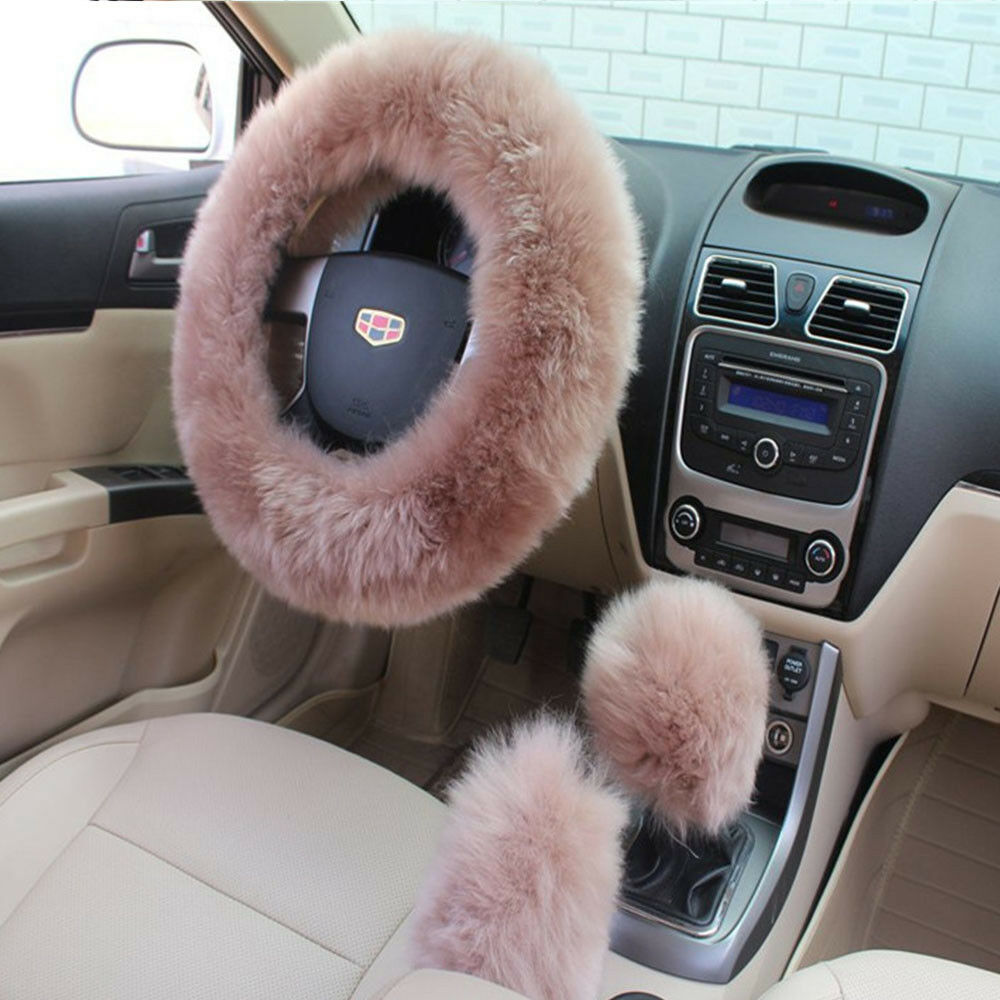 Winter Furry Car Steering Wheel/Gear+Knob/Parking Brake Cover Bean Paste Color