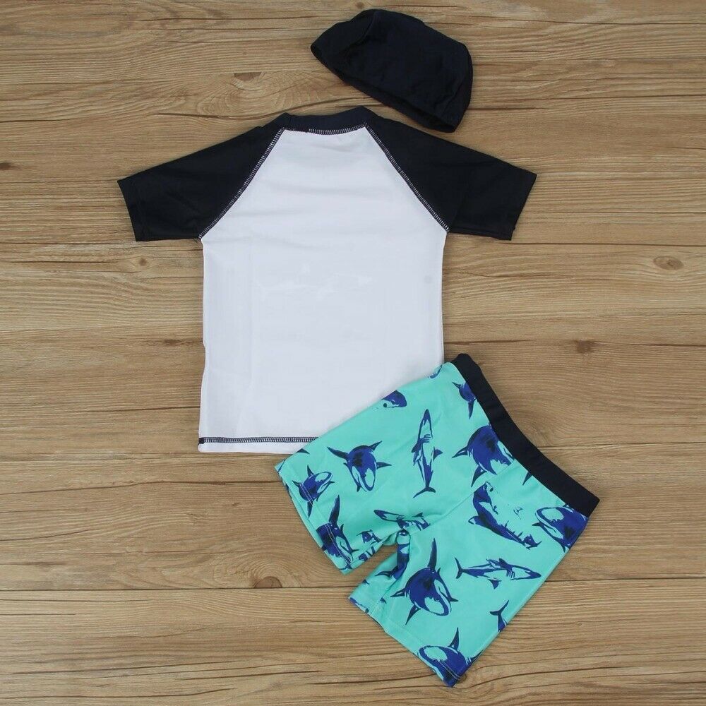 Kids Boy Baby 3pcs Swimwear Swimsuit Bathing Suit T-Shirt+Shorts+Cap Outfits Set
