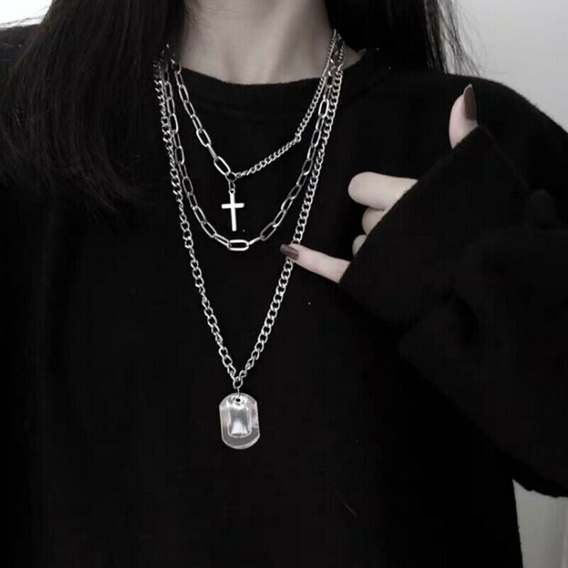 Cross Pendant  Metal  Long Chain Punk Necklace Fashion Women men Jewelry Gif Lt