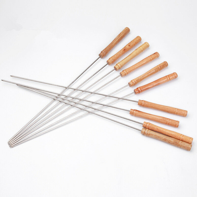 10 Pcs 30cm Stainless Steel BBQ Skewers Barbeque Kabob Needle Wood Sticks