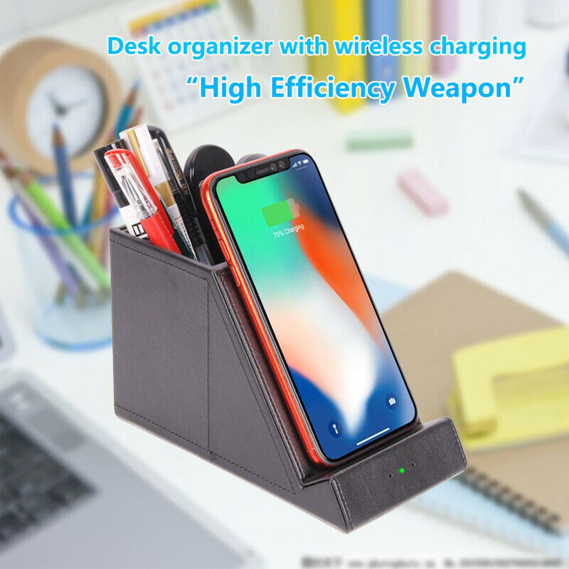 Desktop Wireless Charging Station Pen Storage Holder Case 10W Quik Fast Charge