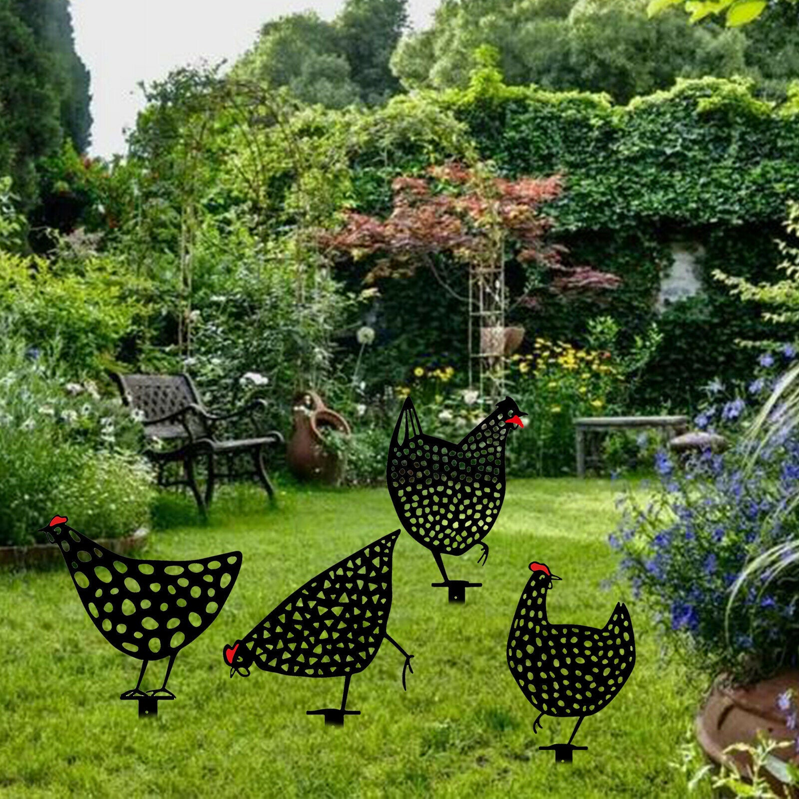 4x Chicken Silhouette Hollow Out Stakes Outdoor Garden Pathway Decoration