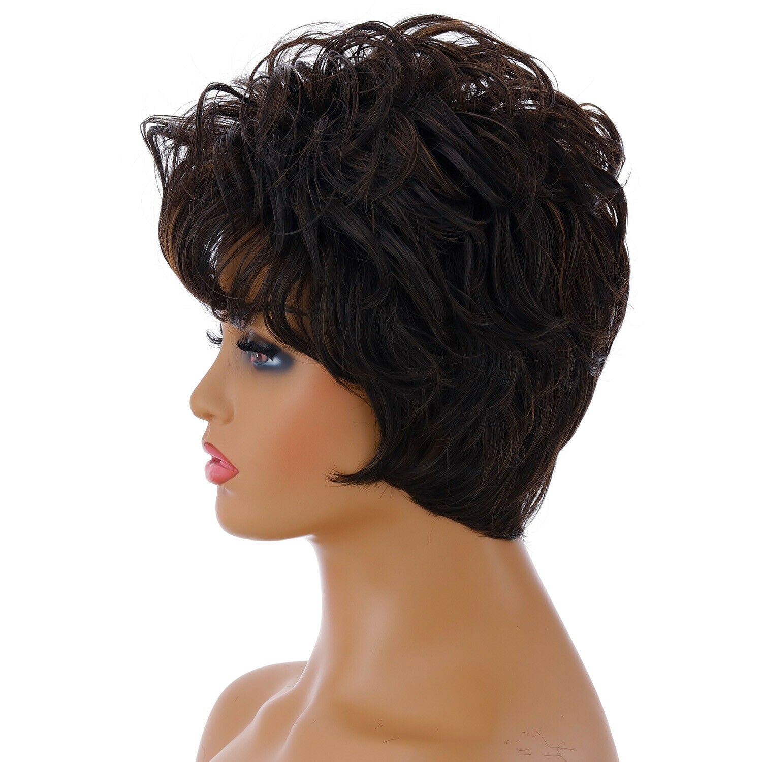 Short Curly Hair With Air Bangs And Fluffy For Women Parties Black Brown Mixed