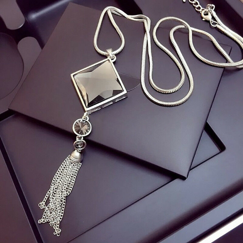 New Pendant Necklace Square Big Drop Crystal Long Chain Sweater Tassel For Women