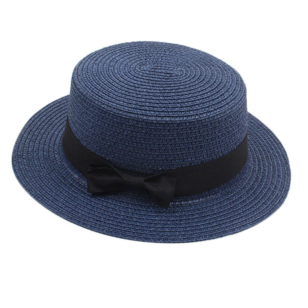 Church Bow Fedora Hat Breathable Wide Brim Sun Hat Summer Beach Navy