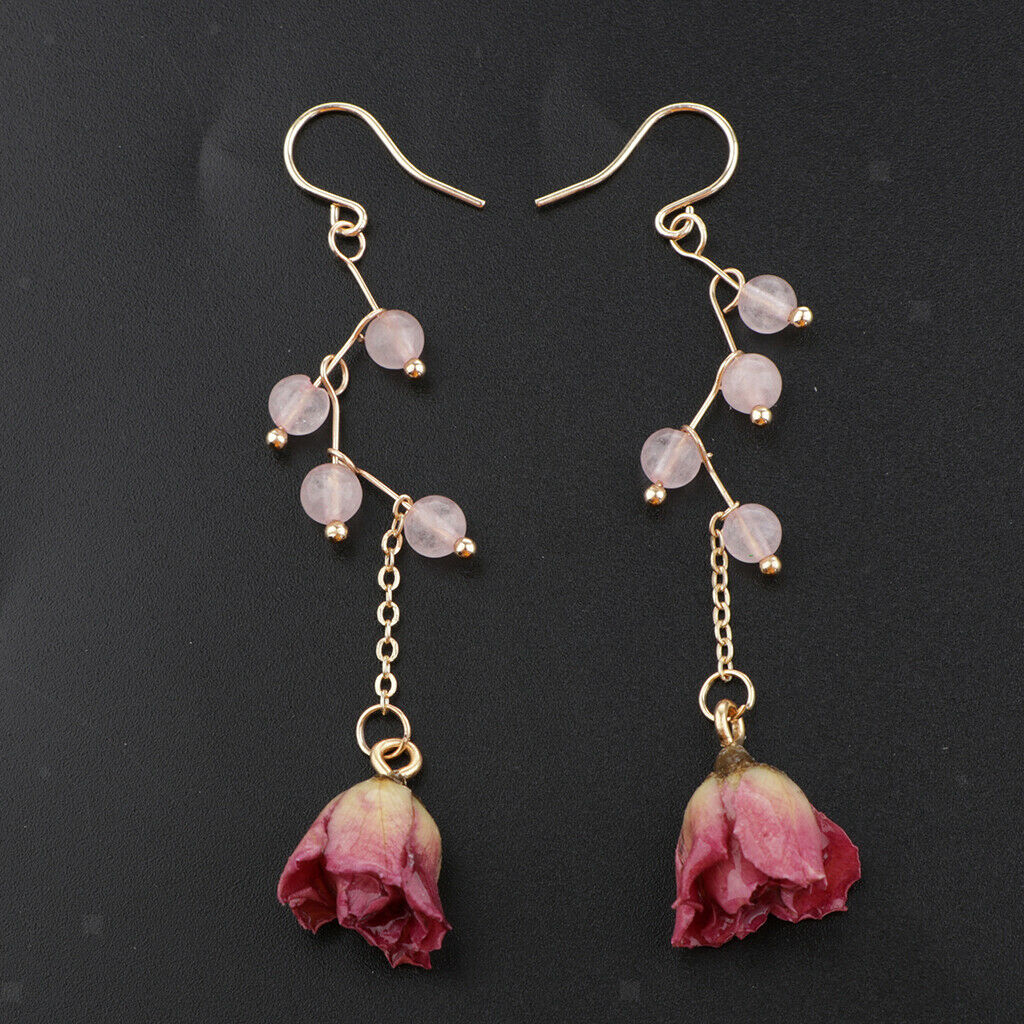 Boho Drop Dangle Dried Rose Flower Earrings Ear Studs Womens Ear Jewelry