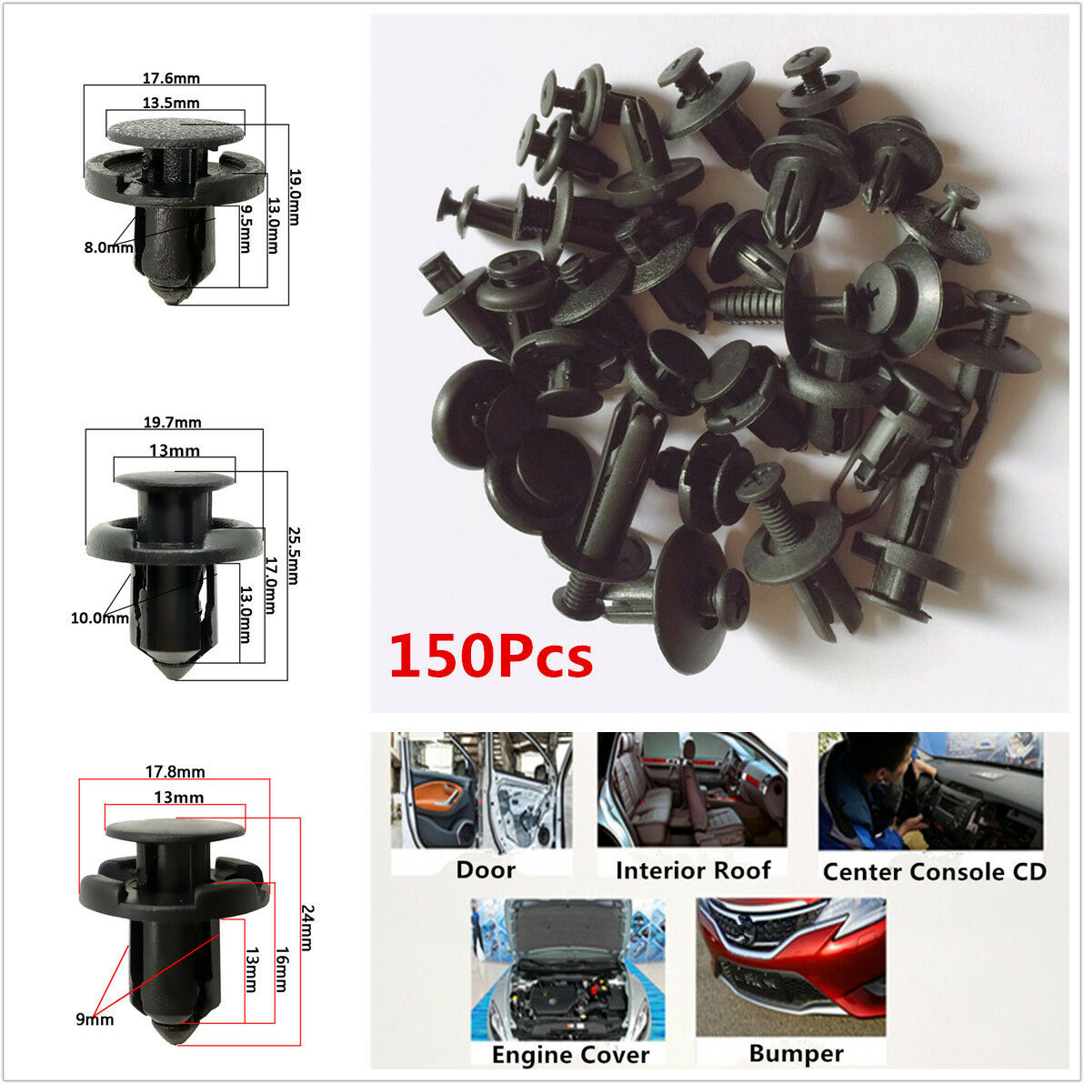 150Pcs Auto Body Fender Bumper Retainer Push Pin Fastener Clips Plastic Rivets