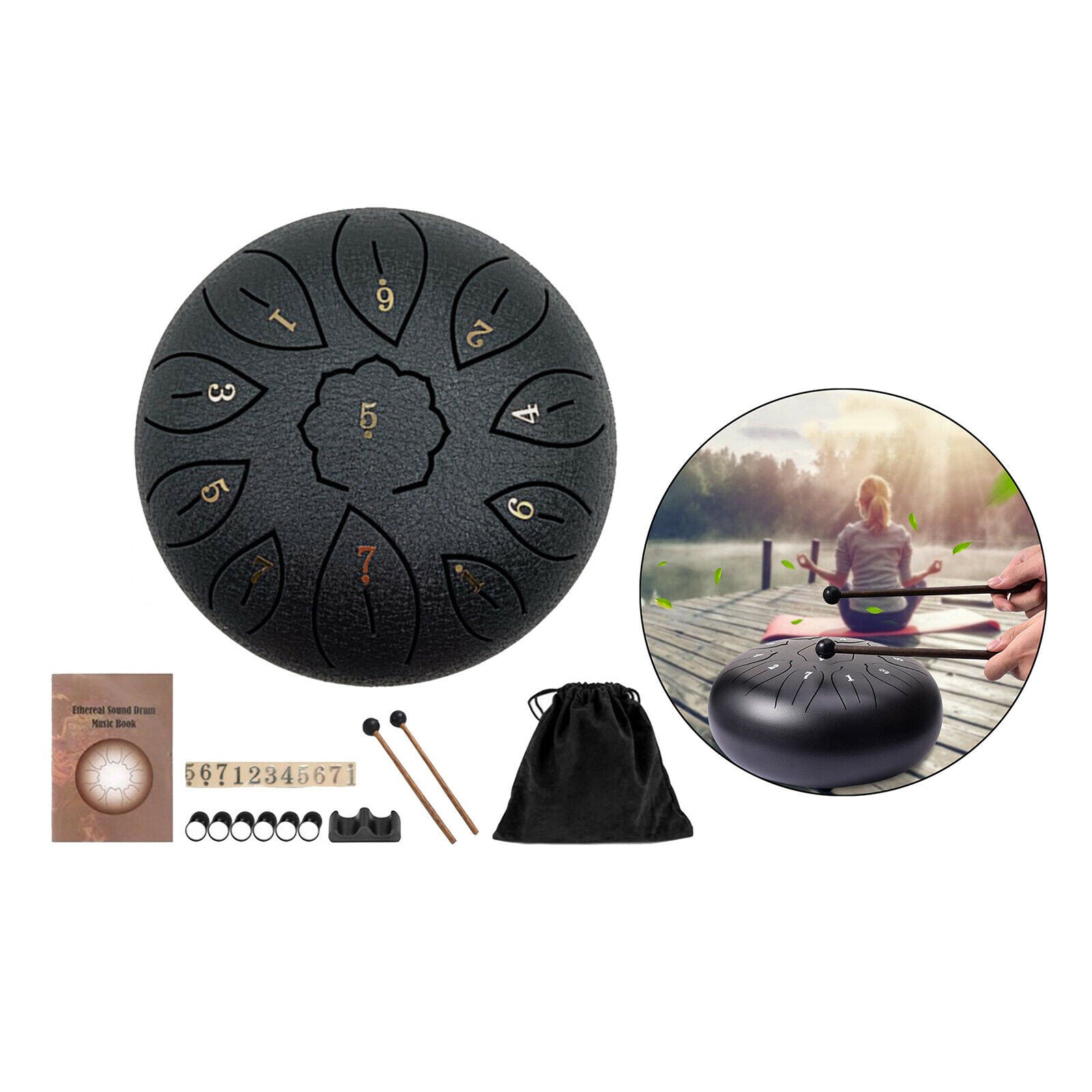 11 Notes Steel Tongue Drum w/ Carrying Bag Notes Stickers Gift Present black