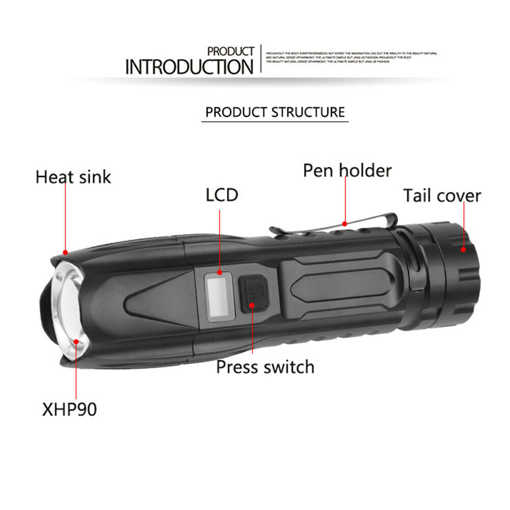 XHP90 6-Modes Zoomable LED Flashlight Rechargeable Waterproof Torch Lamp Hiking