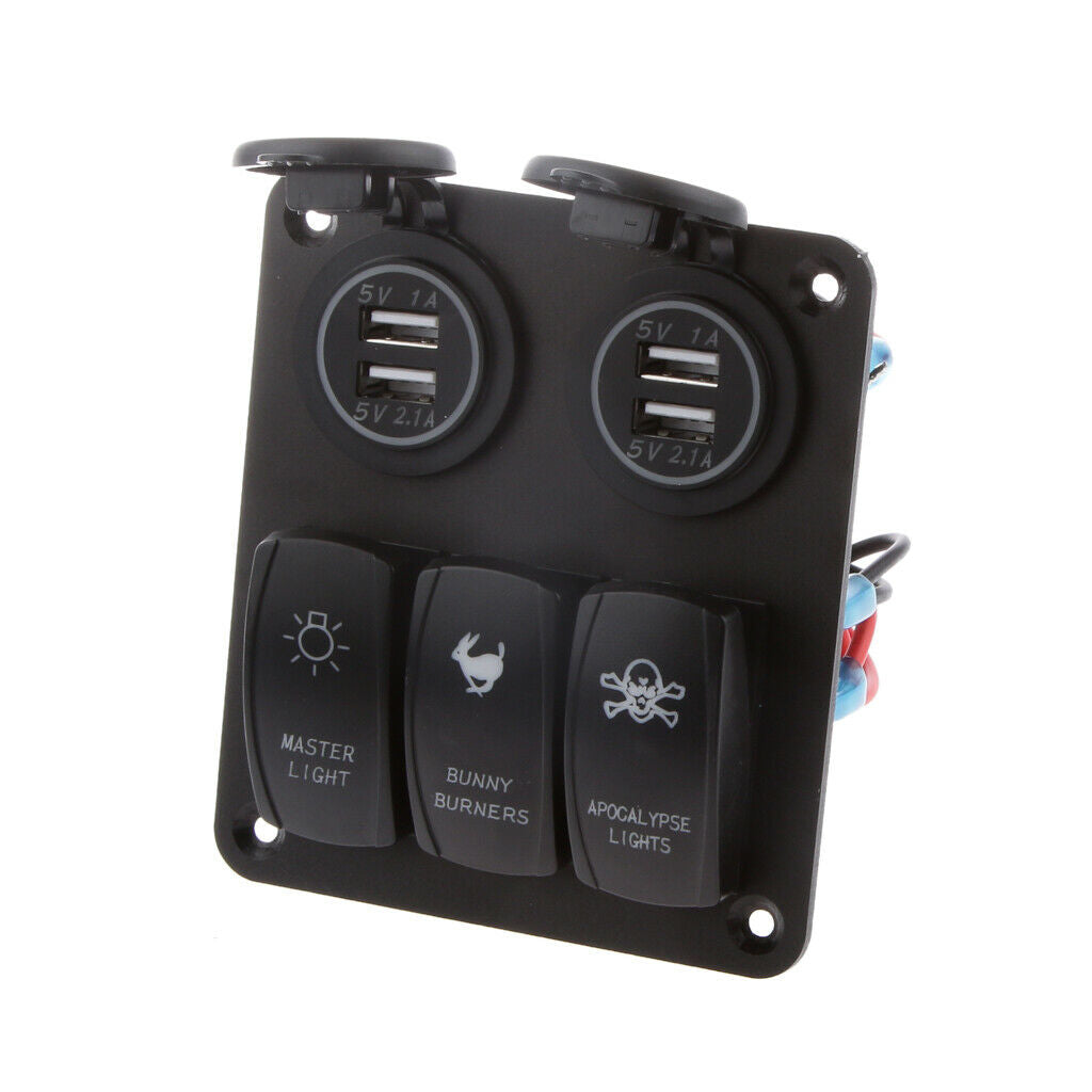 3 Gang Blue LED Car Marine Boat 4-USB Socket Plug Charger on-off Rocker Switch