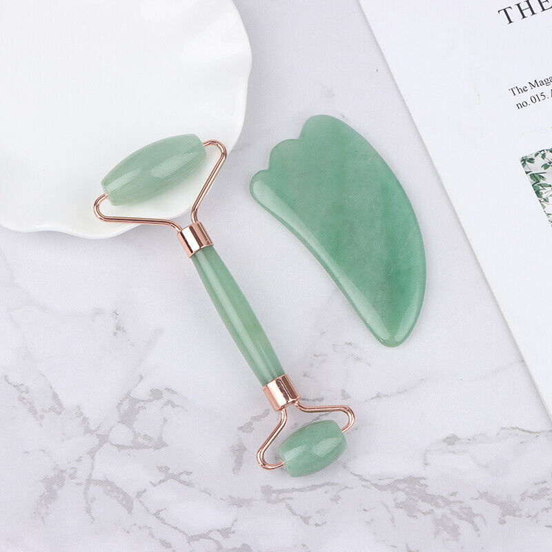 Natural Jade Massage Roller+Guasha Board SPA Scraper Stone Facial Massager SFCA
