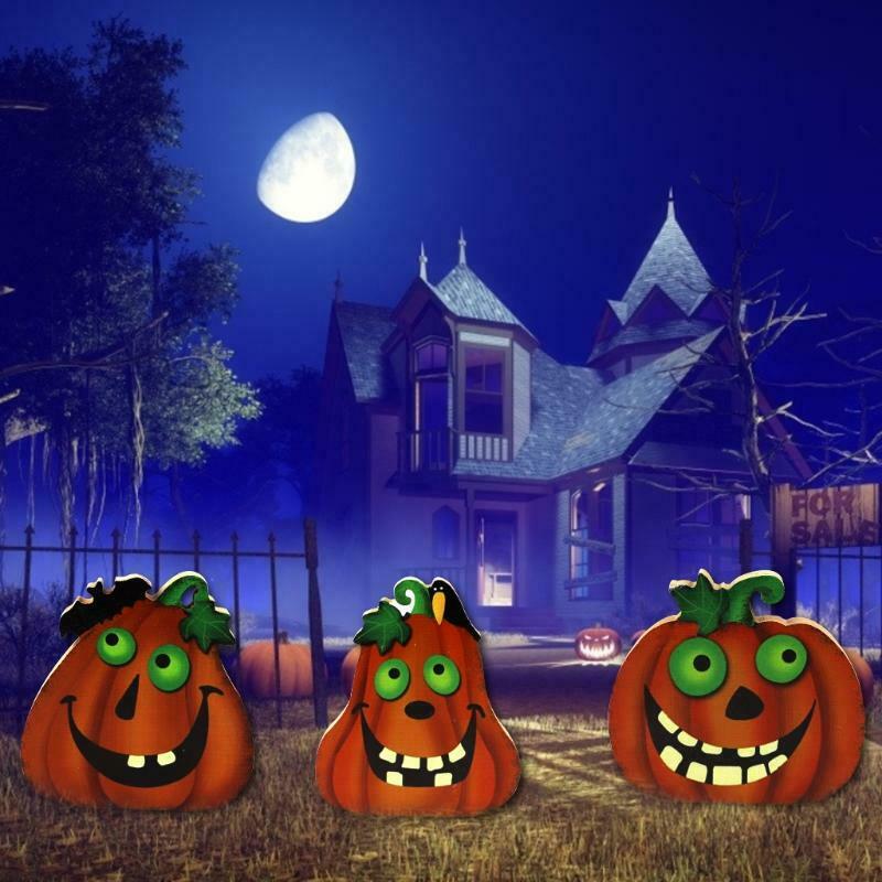3Pcs Halloween Wooden Table Decor Cartoon Spooky Pumpkin Sign Desktop Ornament