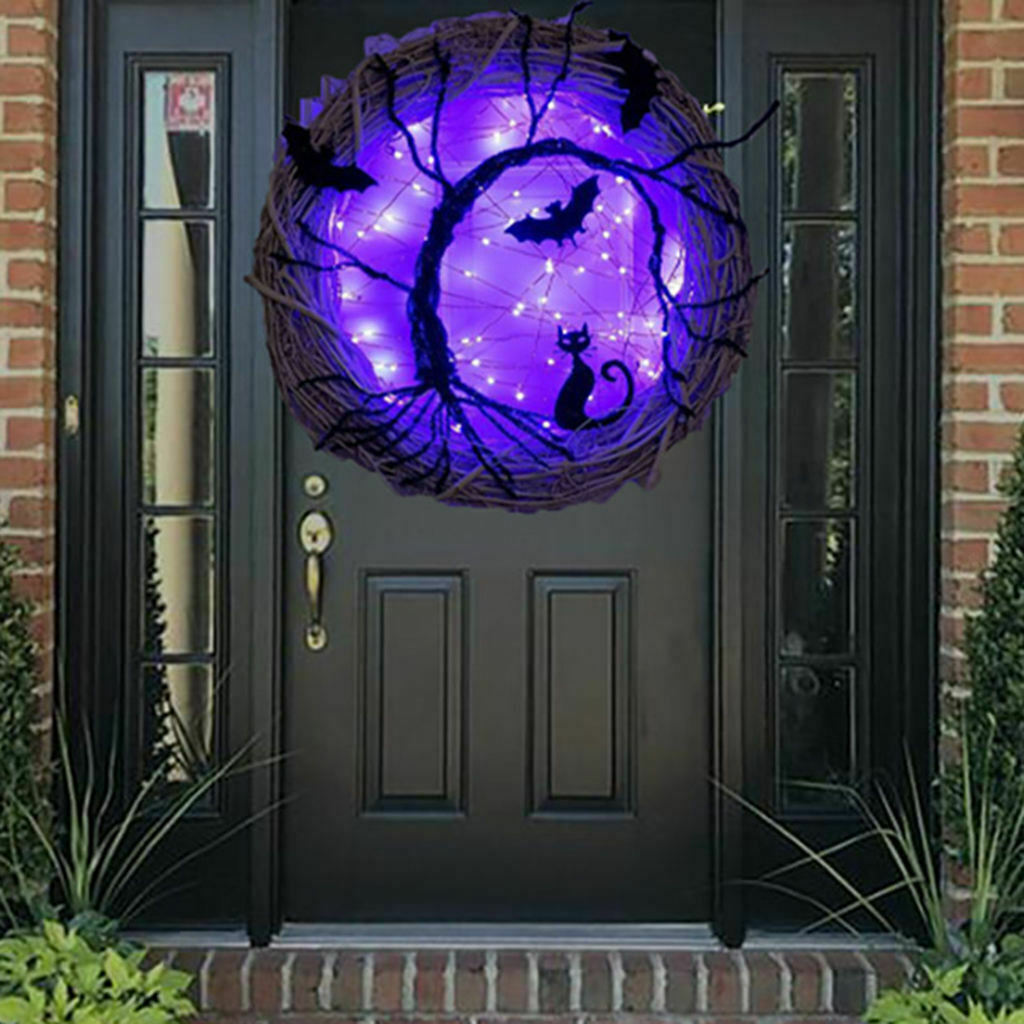Happy Halloween Wreath Lighted Decor Black Bat Cat Purple Lights for Outdoor