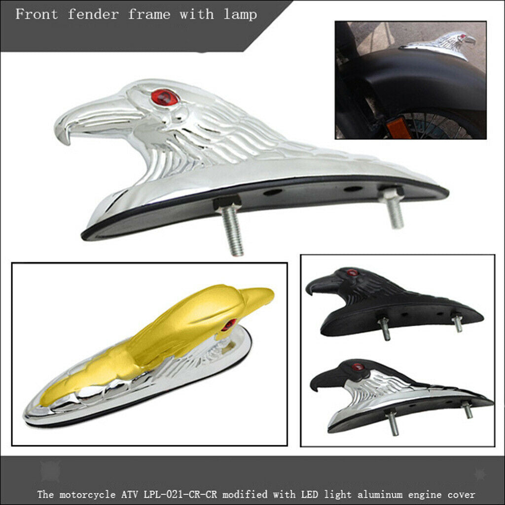 Motorcycle Front Fender Eagle Head Ornament Statue with Lights Chrome