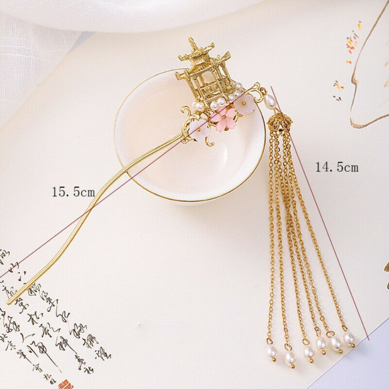 Chinese Hairpin Flower Pavilion Tassel Kanzashi Step Shake Hair Clip Fairy