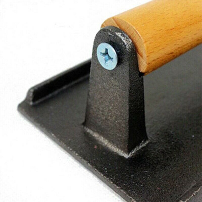 Rectangle BBQ Tool Cast Iron Wooden Handle Steak Plate Meat Press Grill FrieT8F8