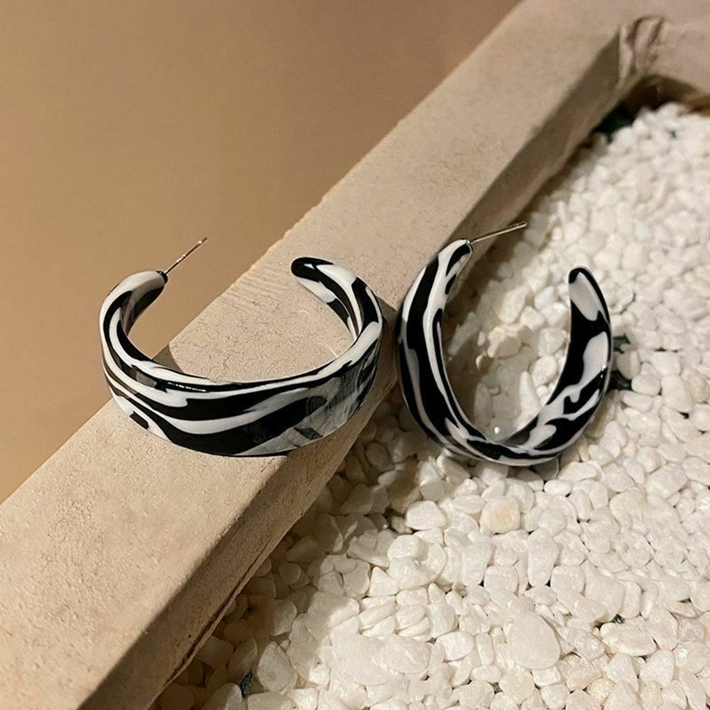 Geometric Women Stud Earrings Zebra Stripes C-shaped Jewelry Retro Hoop Earring
