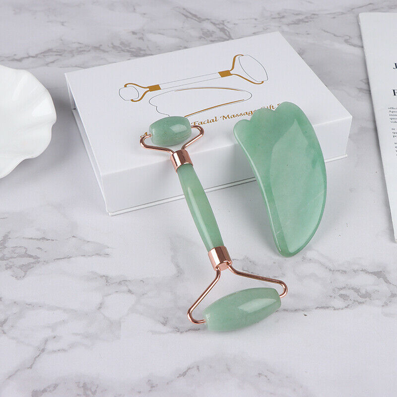Natural Jade Massage Roller+Guasha Board SPA Scraper Stone Facial Massager SFCA