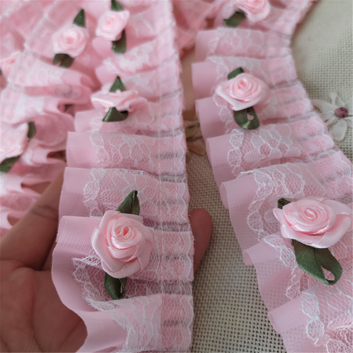 3Pc Camellia Ruffled Flower Lace Trim Applique 1yard Chiffon Rose Bridal Wedding