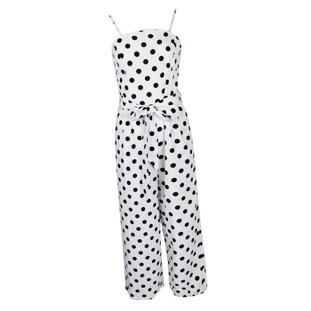 Womens Polka Dots Wide Leg Jumpsuit Romper Beach Holiday with Belt S White