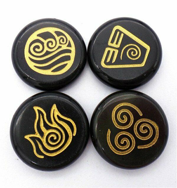4Pcs 25x6mm Black Obsidian 7 Chakra Symbol Healing Reiki Stone Set HH7669