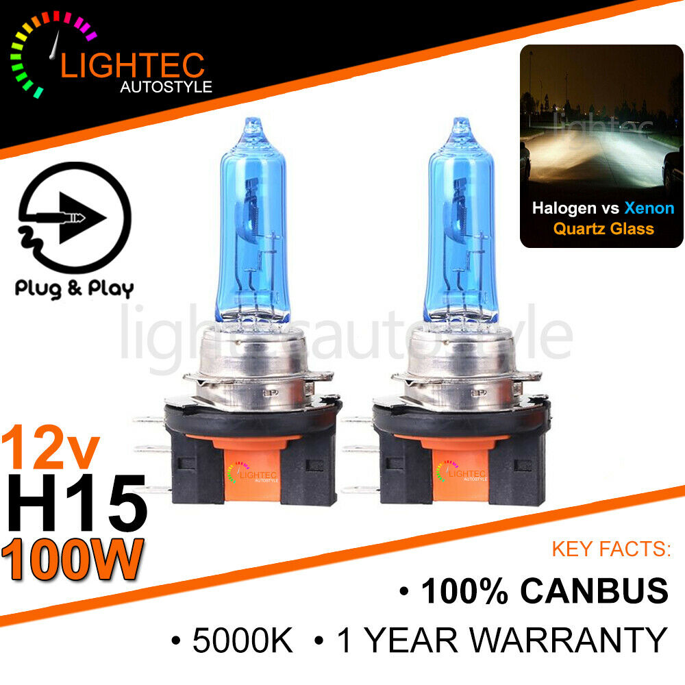 2x 100W H15 6000K DRL HIGH BEAM BULBS AUDI FORD VW XENON WHITE CANBUS HEADLIGHTS