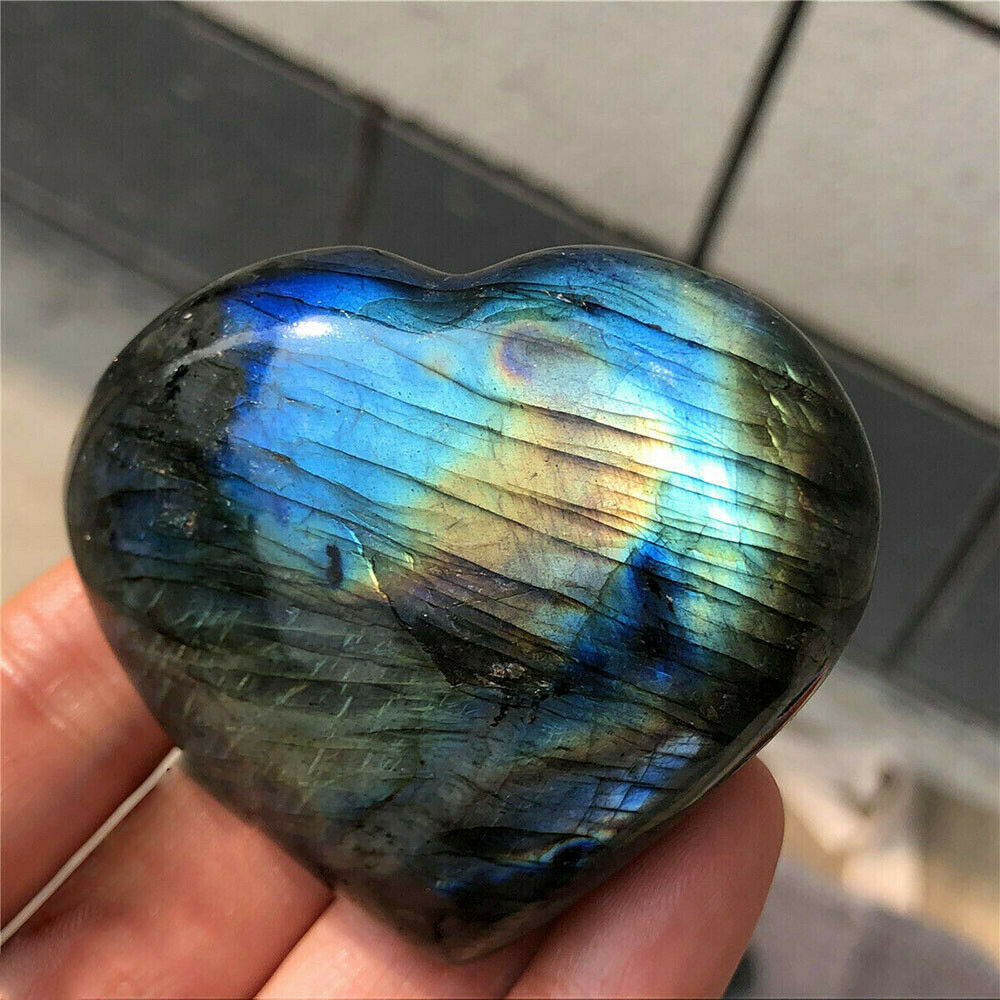 US 100% Natural Rainbow Labradorite Heart Quartz Crystal Gem Reiki Healing Lucky