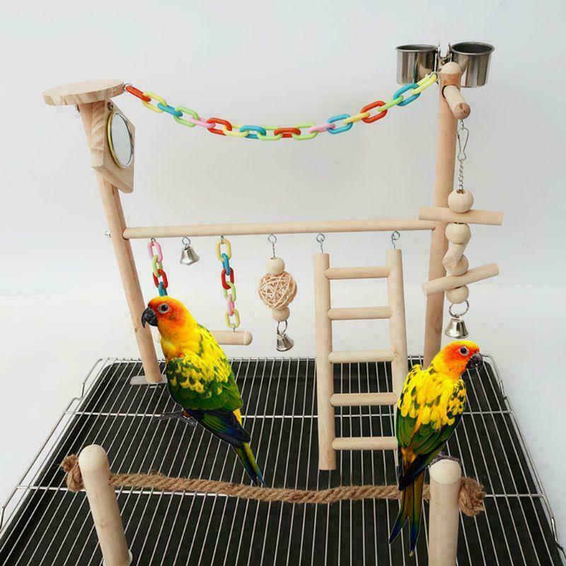 Parrot Bird Play Stand Cockatiel Playground Wood Perch Gym Ladder Feeder Cups