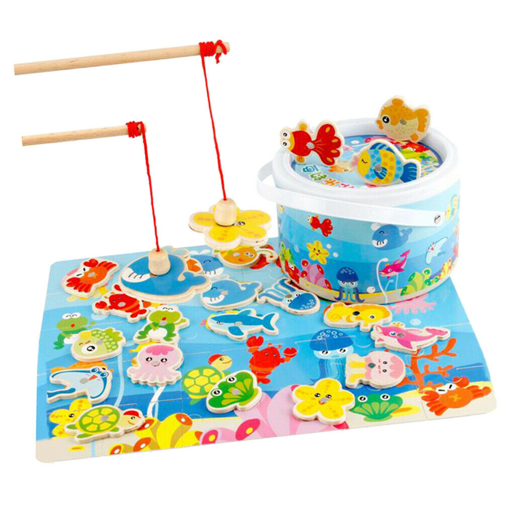 Toddler Wooden Magnetic Fishing Pole Set Game Go   Ocean Animals