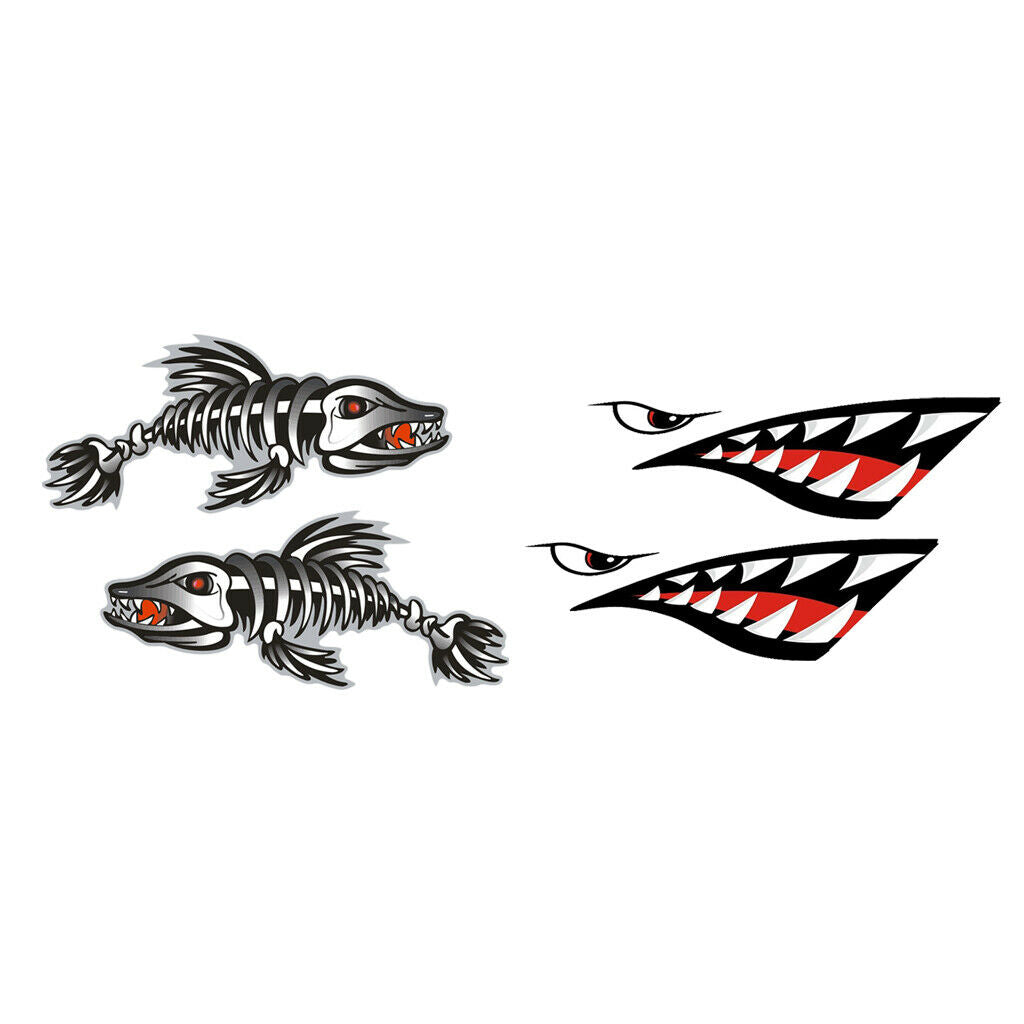 Vinyl 2x Shark Mouth + 2x   Skeleton Kayak Canoe Boat Car Decals Stickers