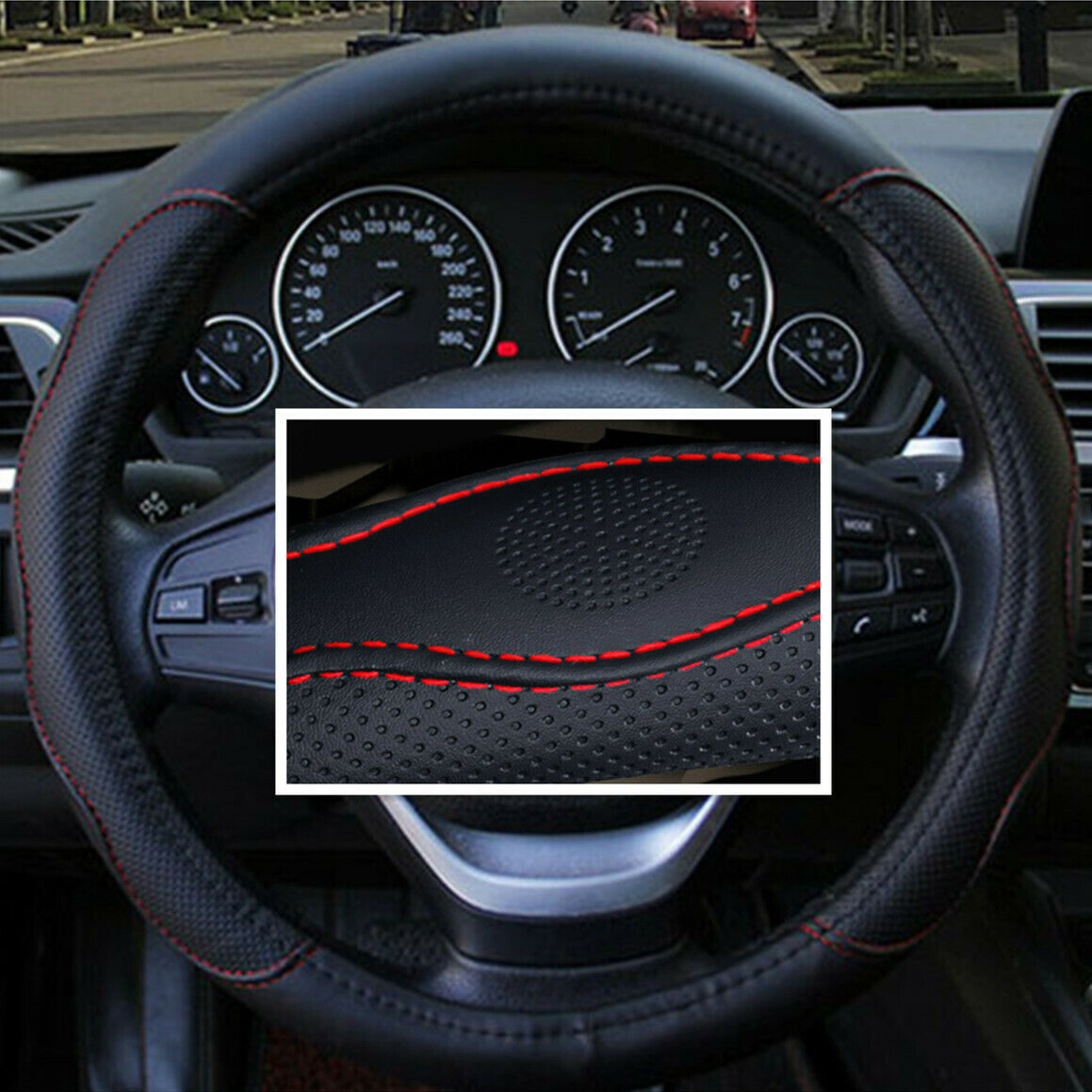 1Pcs 38cm Cars Auto Pickup Steering Wheel Cover PU Leather Embossed Black w/ Red