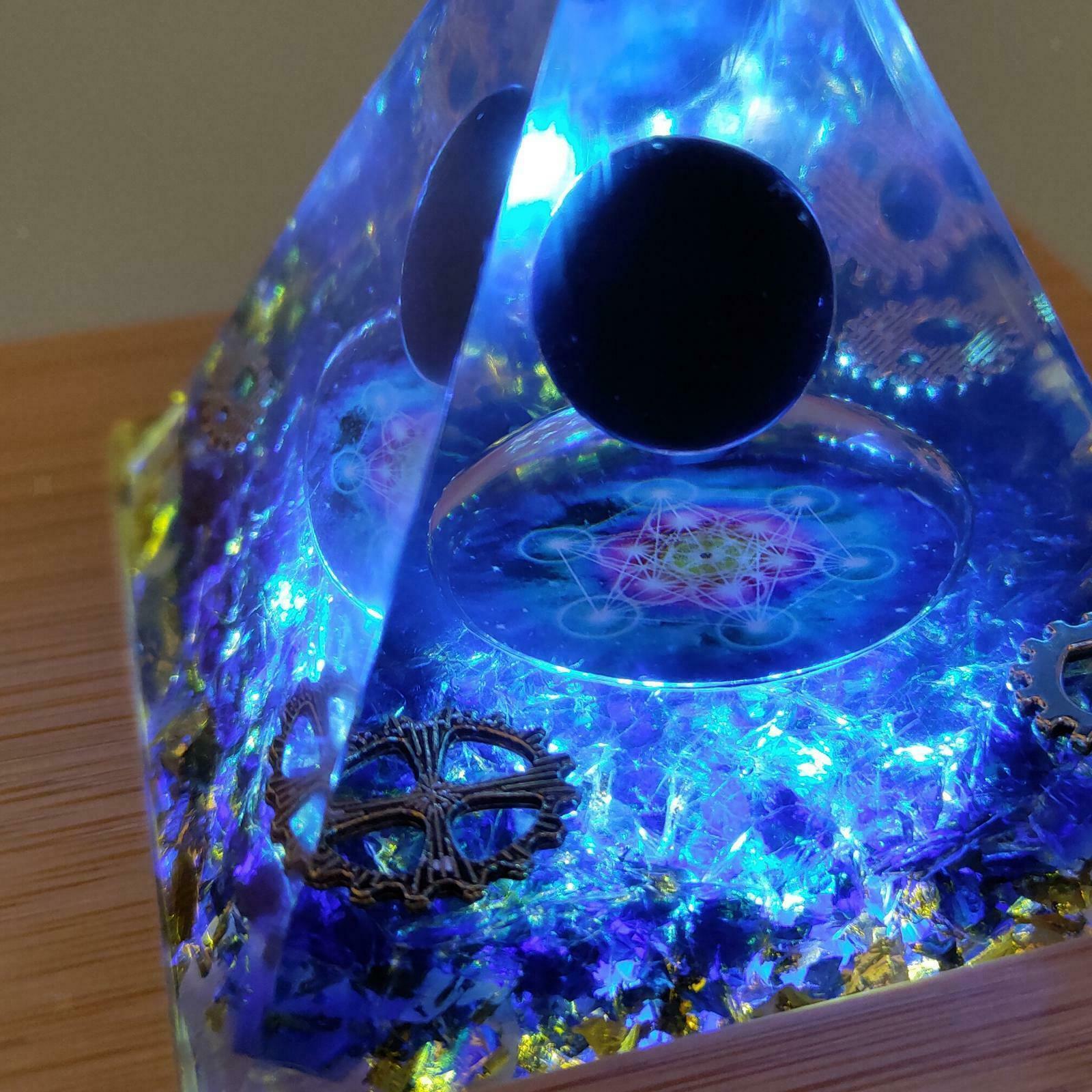 Orgone Pyramid Energy Generator w/ LED Light Base Natural Blue Crystal Stone