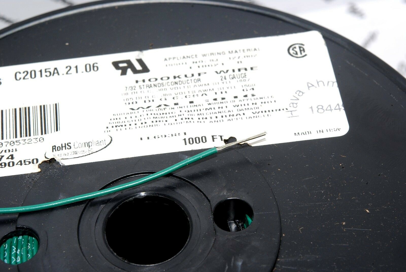 10M - CAROL C2015A.21.06 24AWG 7/32 Hook-Up Wire UL-1007 / UL-1569 Green
