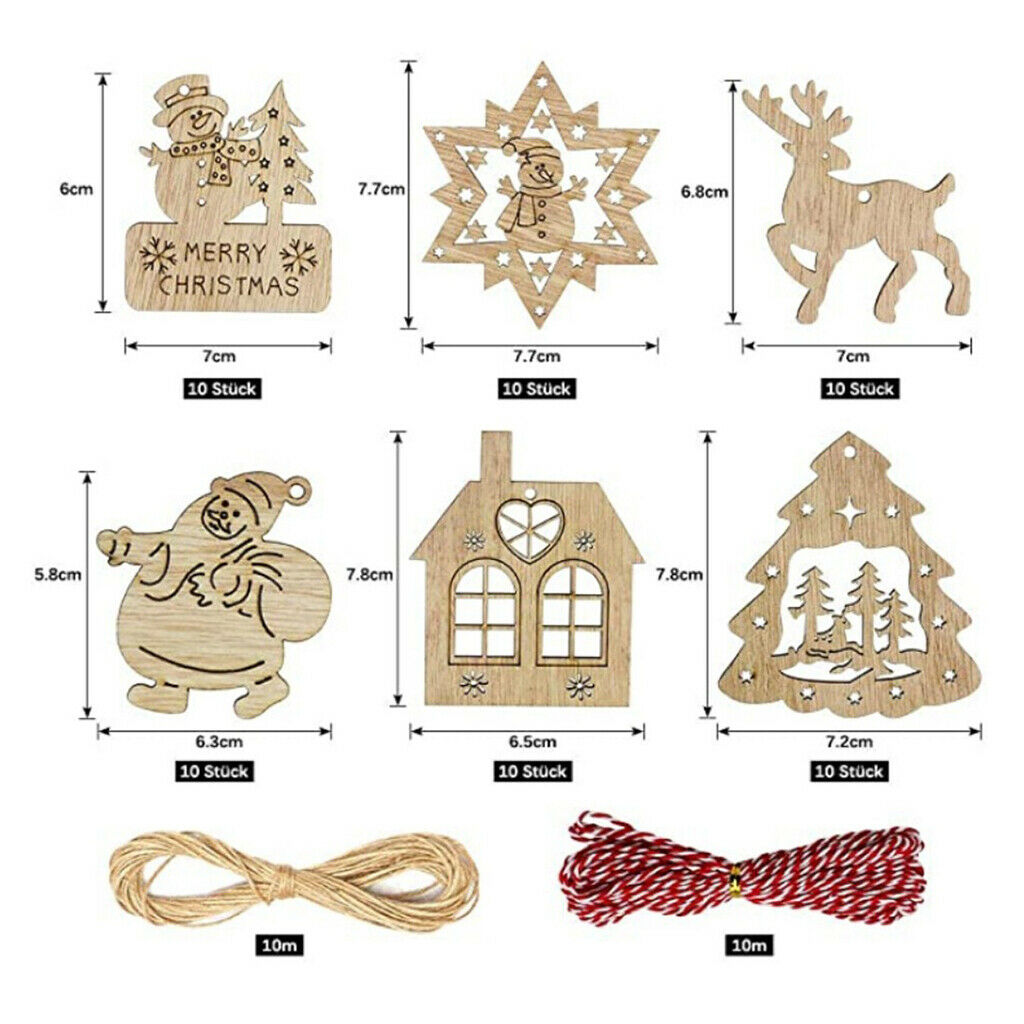 62pack Christmas Wood Chip Tree Ornaments Hanging Pendant Decoration DIY Crafts